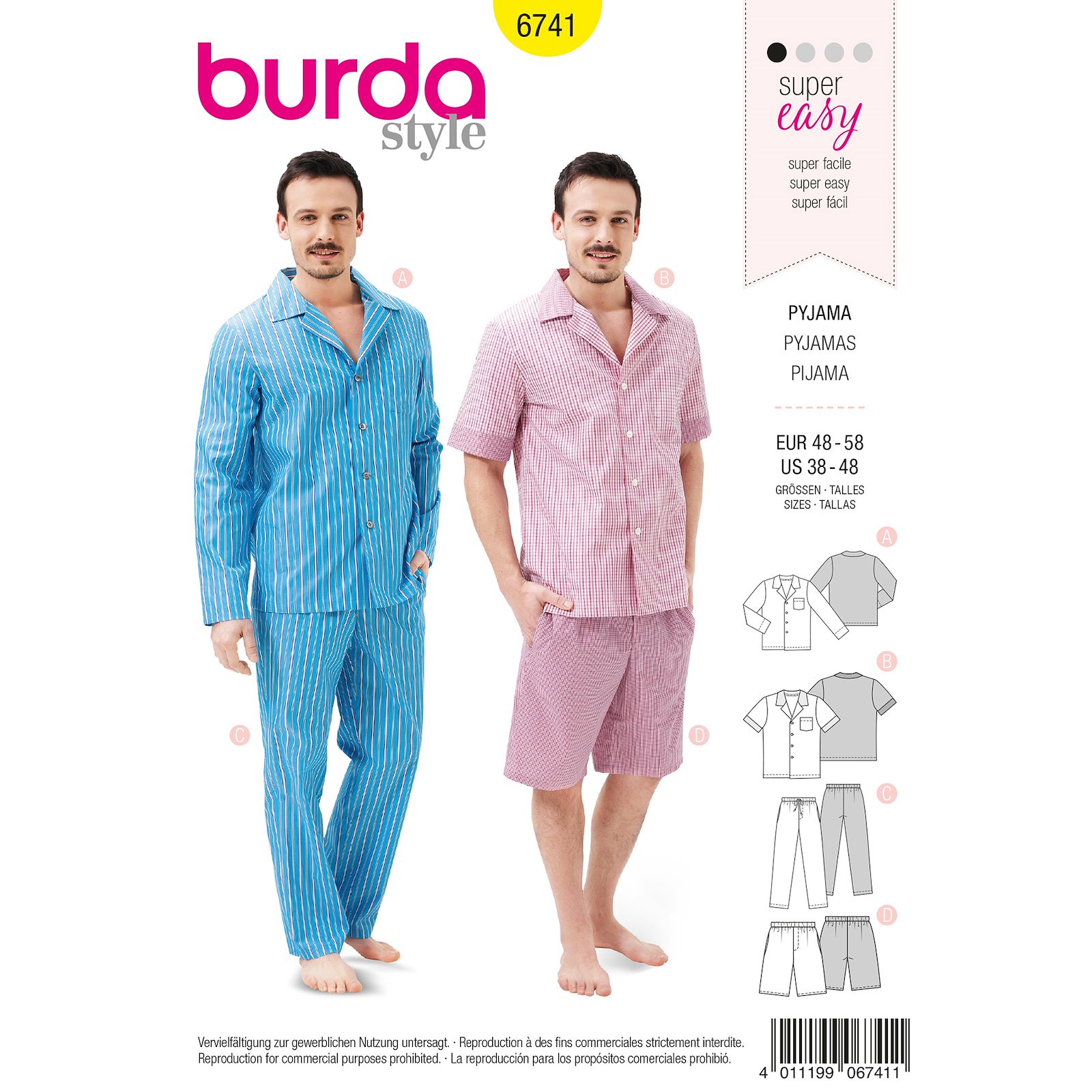 Burda mönster 6741, Pyjamas med knappar herr, stl. 48-58 1100152_pack