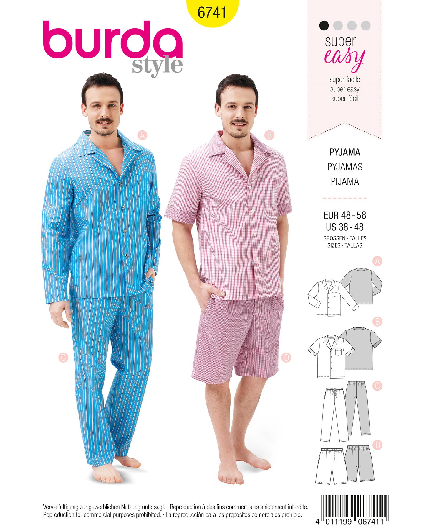 Burda mönster 6741, Pyjamas med knappar herr, stl. 48-58 1100152_pack