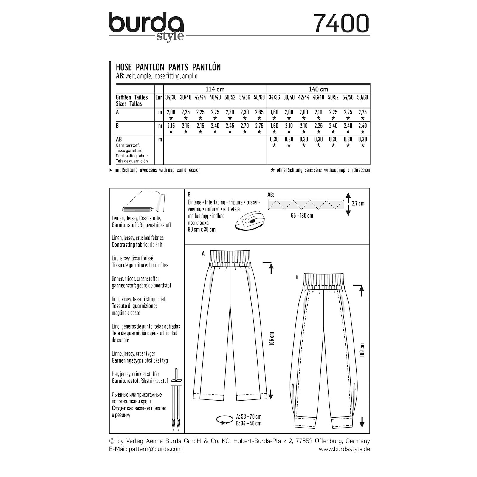 Burda mönster 7400, Byxa med midjemudd dam, stl. 34-60 1100167_pack_b