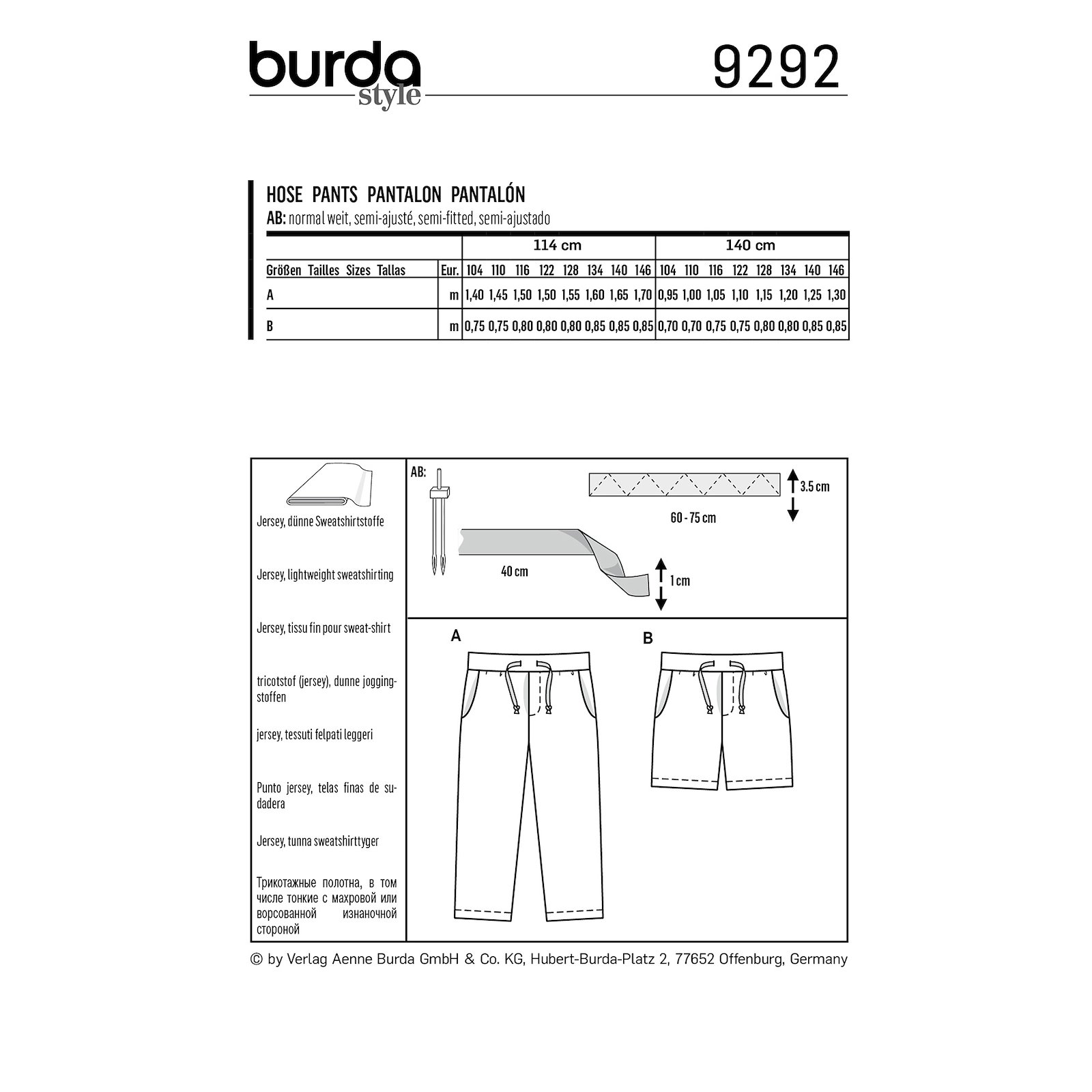 Burda mönster 9292, Byxa/shorts barn, stl. 104-146 1100187_pack_b