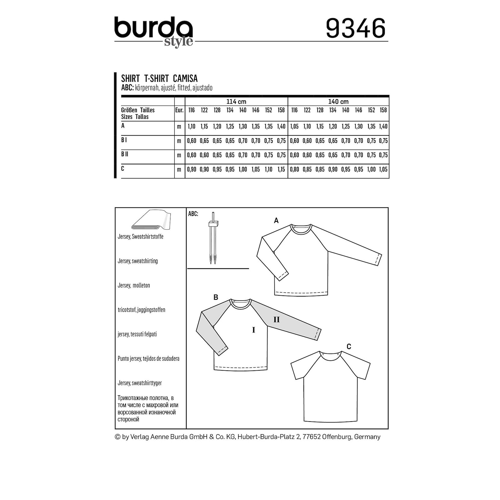 Burda mönster 9346, T-shirt med raglanärm barn, stl. 116-158 1100194_pack_b