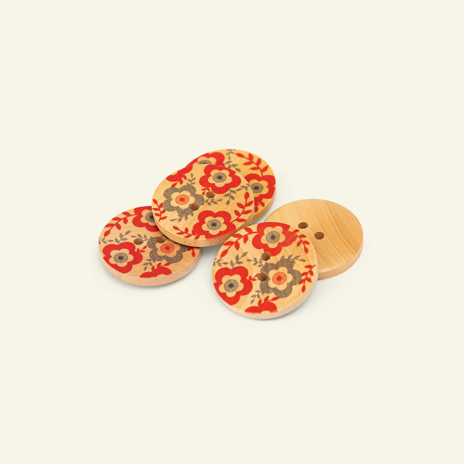 Button 2-holes wood flower 25mm red 5pcs 33565_pack