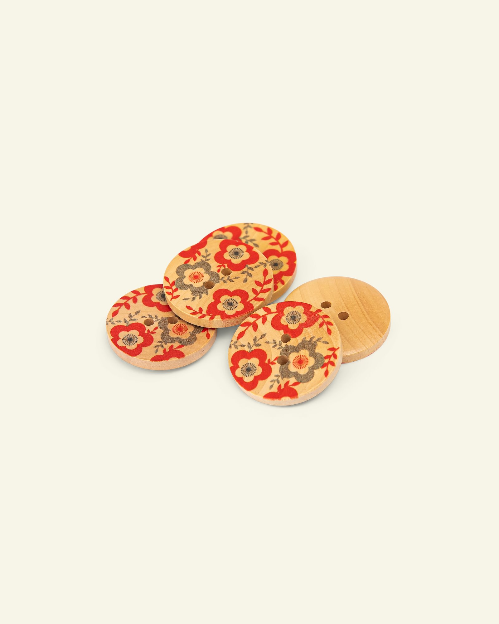 Button 2-holes wood flower 25mm red 5pcs 33565_pack
