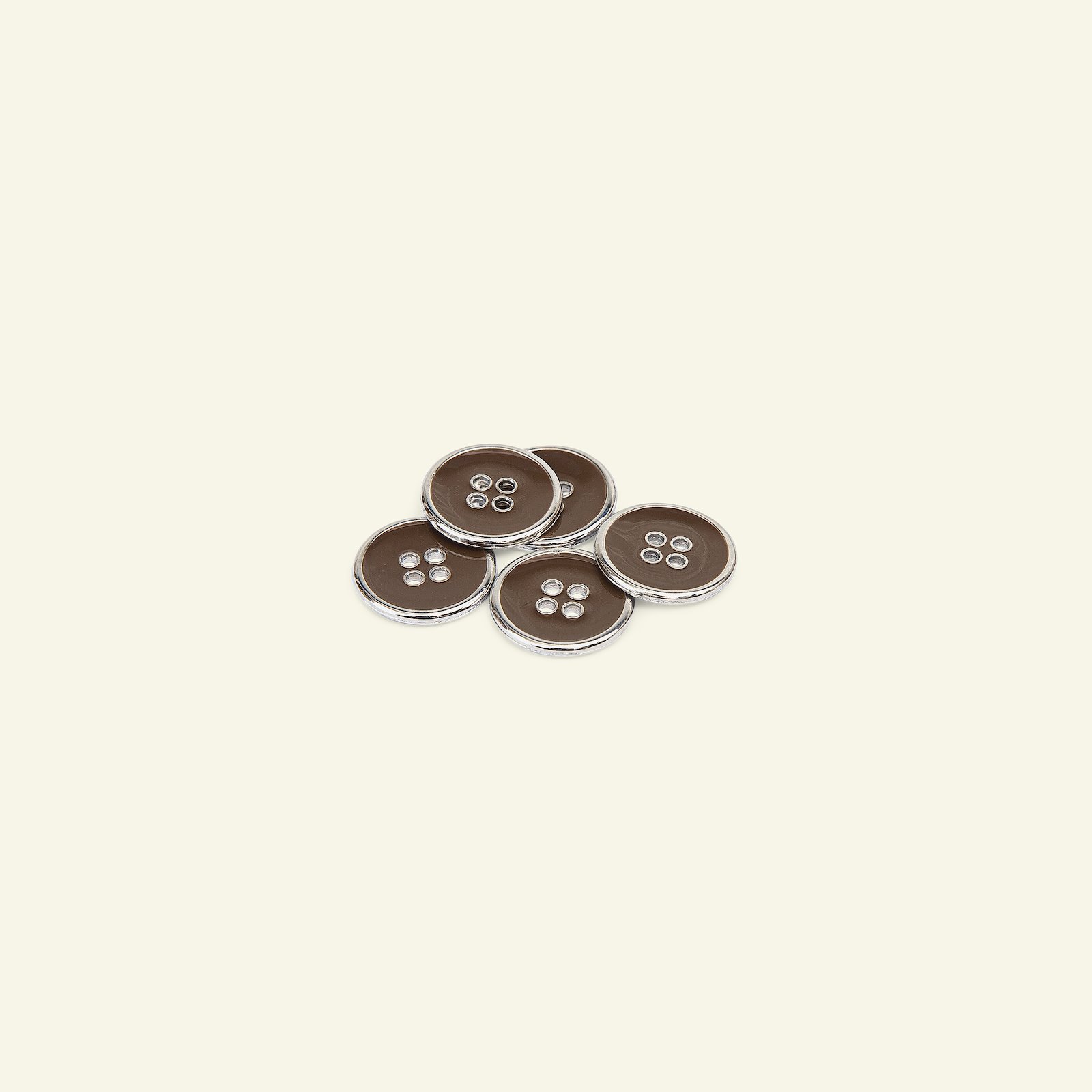 Button 4-hole silver rim 15mm brown 5pcs 33410_pack