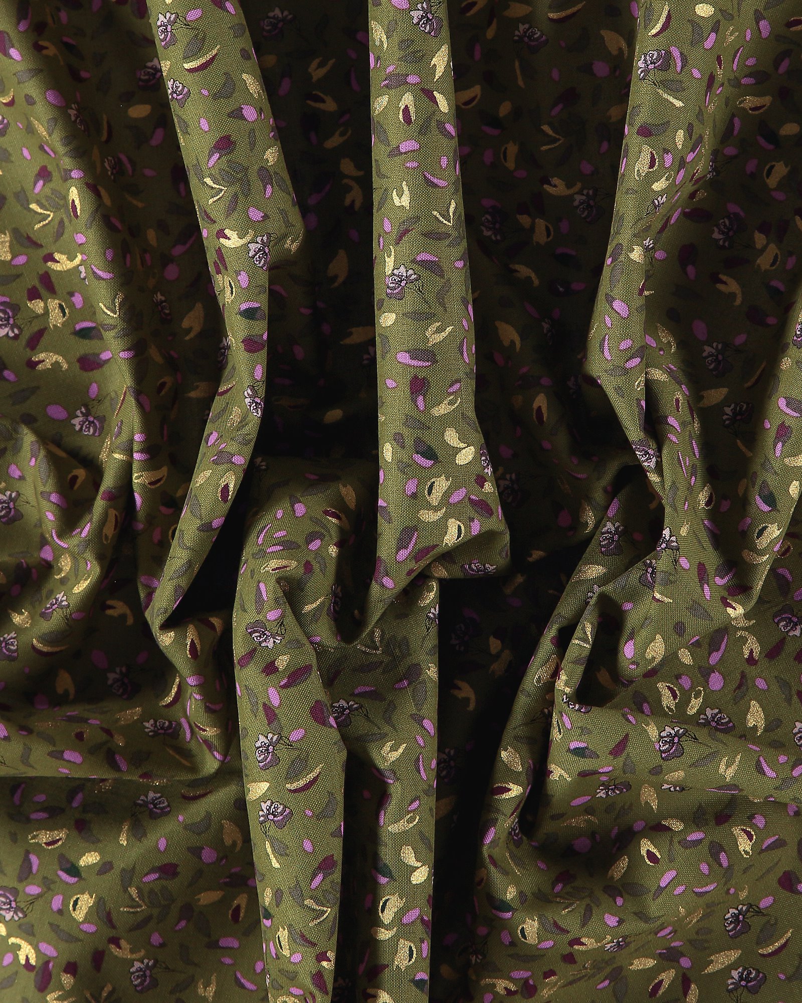 Cotton army green w flowers/ gold leaves 852350_pack
