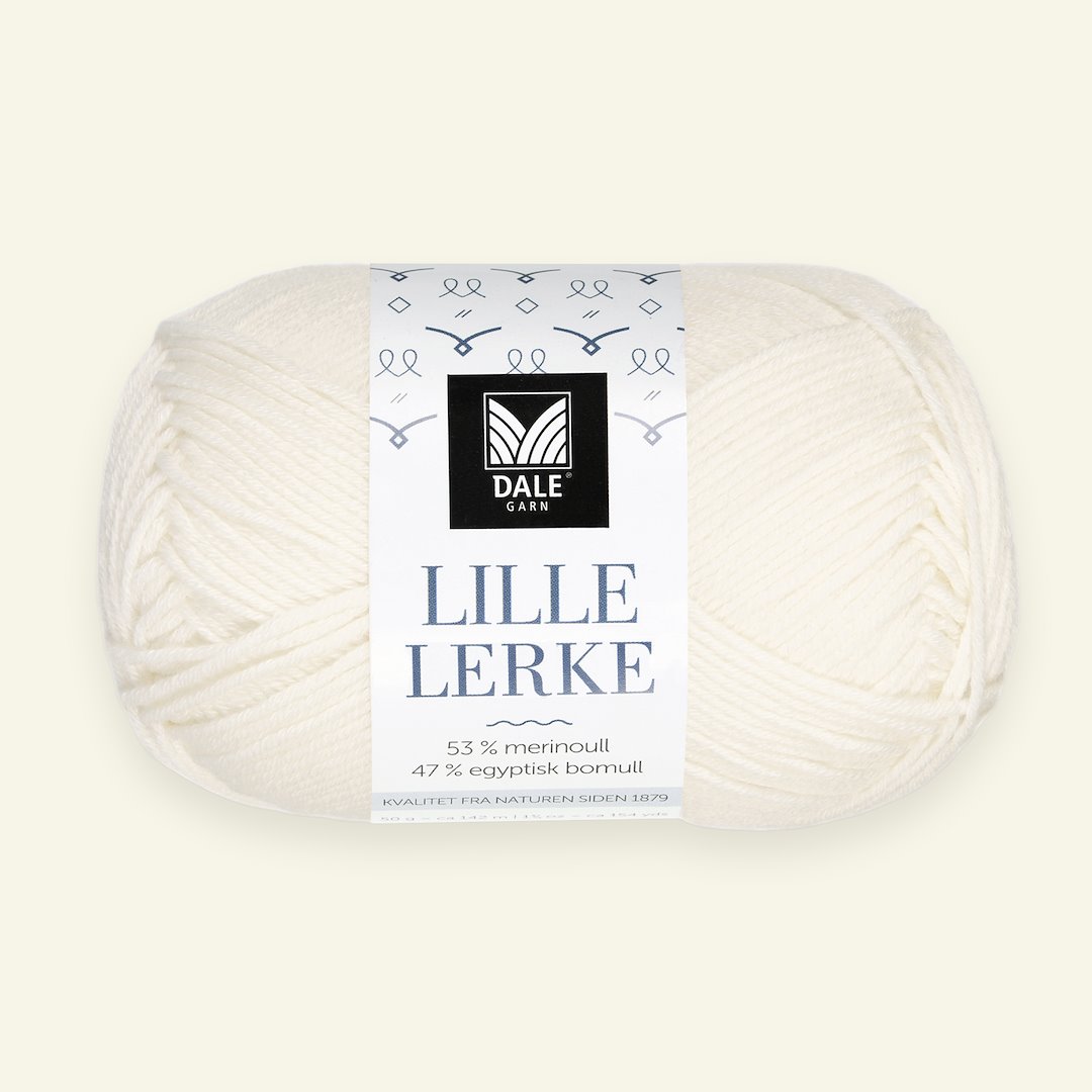 Se Dale Garn, merino/bomuldsgarn "Lille Lerke", ubleget hvid (0020) hos Selfmade
