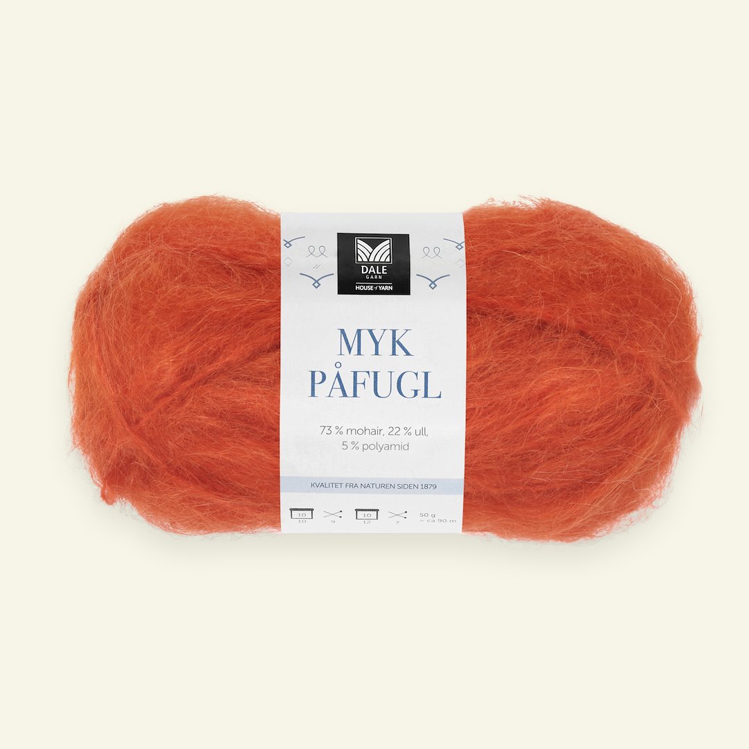 Se Dale Garn, mohair uldgarn" Myk Påfugl", orange (7903) hos Selfmade