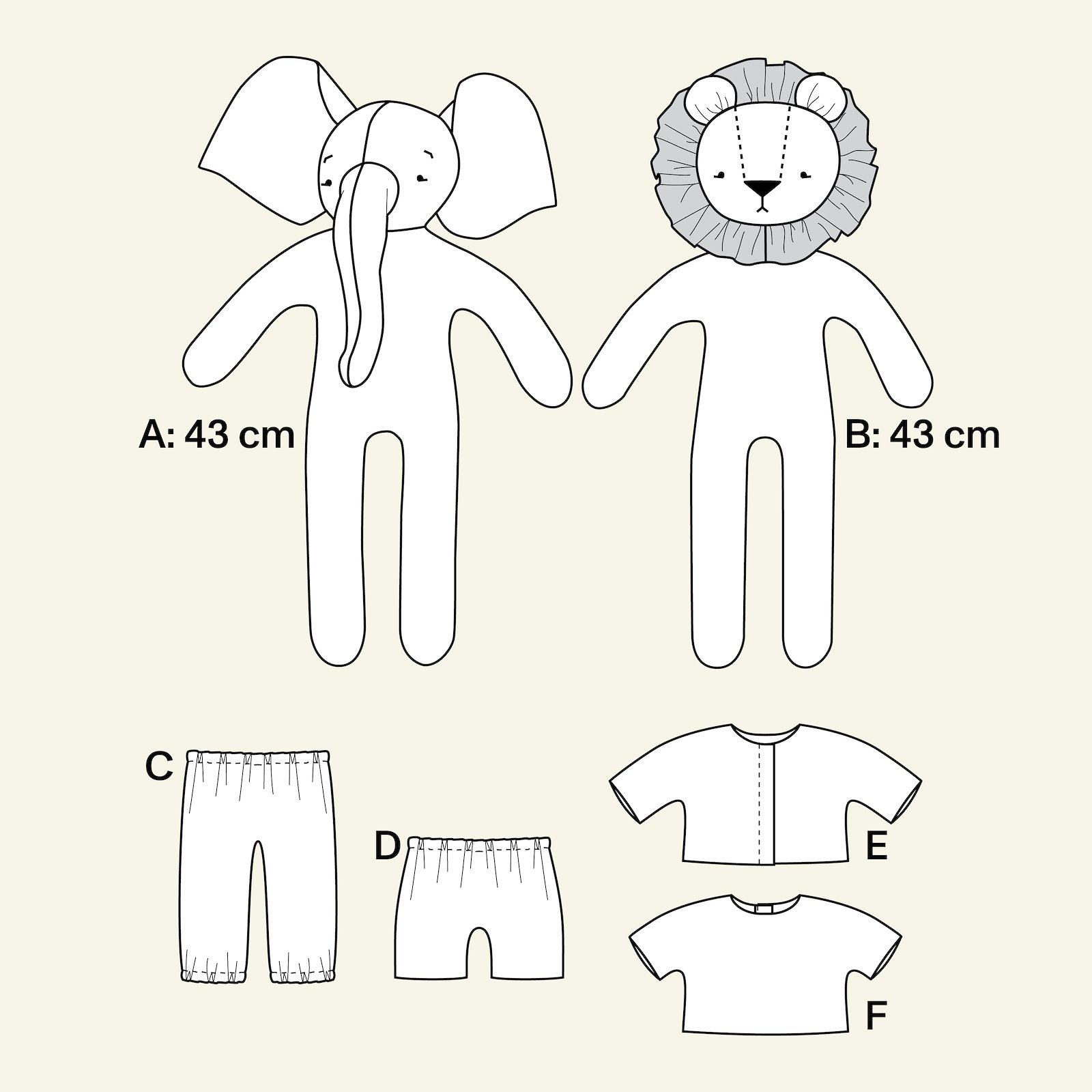 Elefant- og løvedukke med tøj p90295_pack