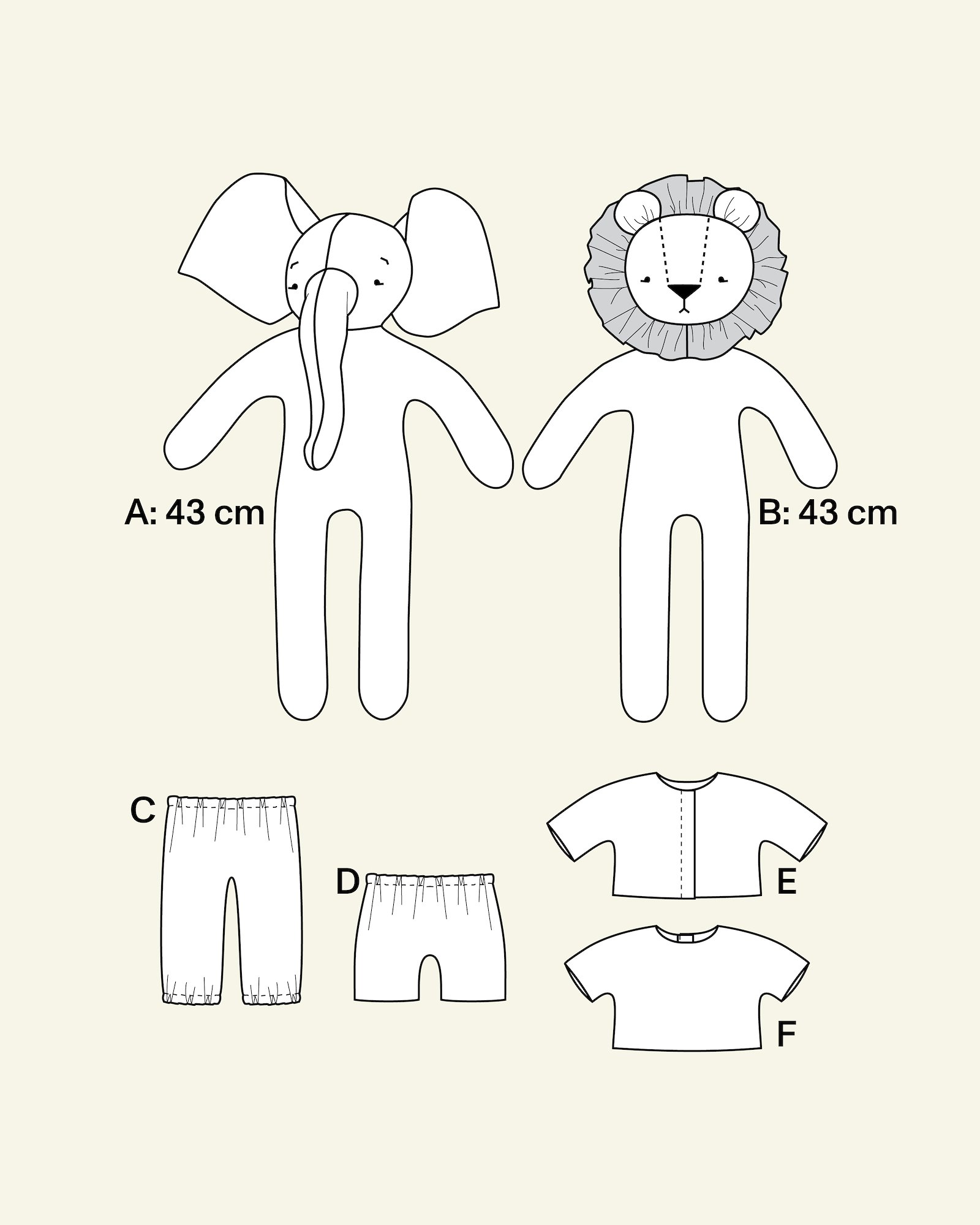 Elefant- og løvedukke med tøj p90295_pack