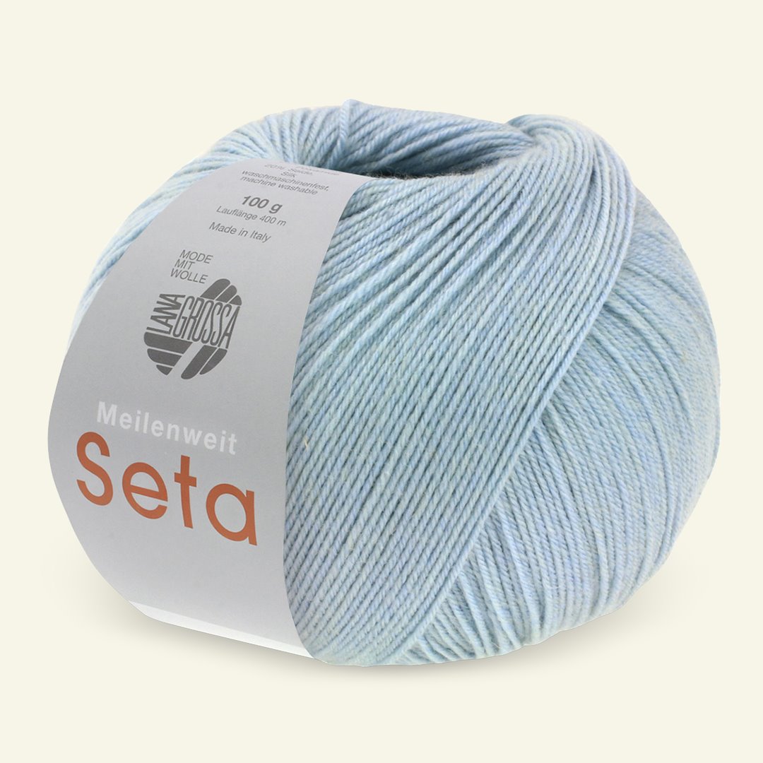 Se Lana Grossa, strømpegarn med uld og silke "Meilenweit 100 Seta", lys blå hos Selfmade