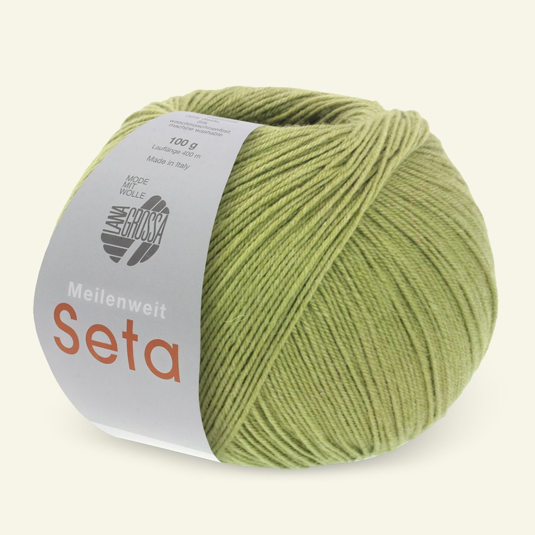 Se Lana Grossa, strømpegarn med uld og silke "Meilenweit 100 Seta", oliven grøn hos Selfmade