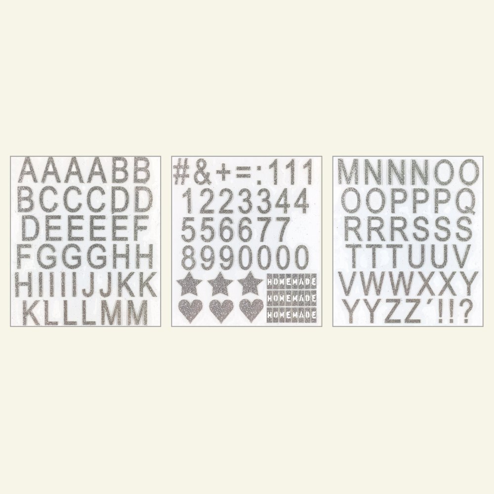 Strygeark alfabet/tal 15x17cm sølv 1stk 29413_pack