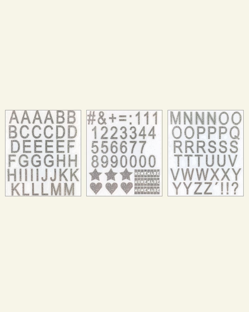 Strykeark alfabet/tall 15x17cm sølv 1stk 29413_pack